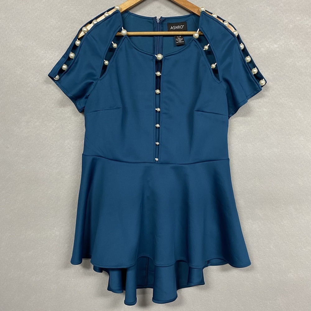 Ashro Women’s Blouse High Low Hi-Lo Teal Blue Pearl Accents Zip Up Cocktail M